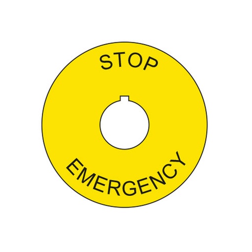 [PTE-A] Emergency Stop Plate, Aluminum, 60mm Diameter, For 22mm Emergency Stop Buttons, Yellow, Black Letters